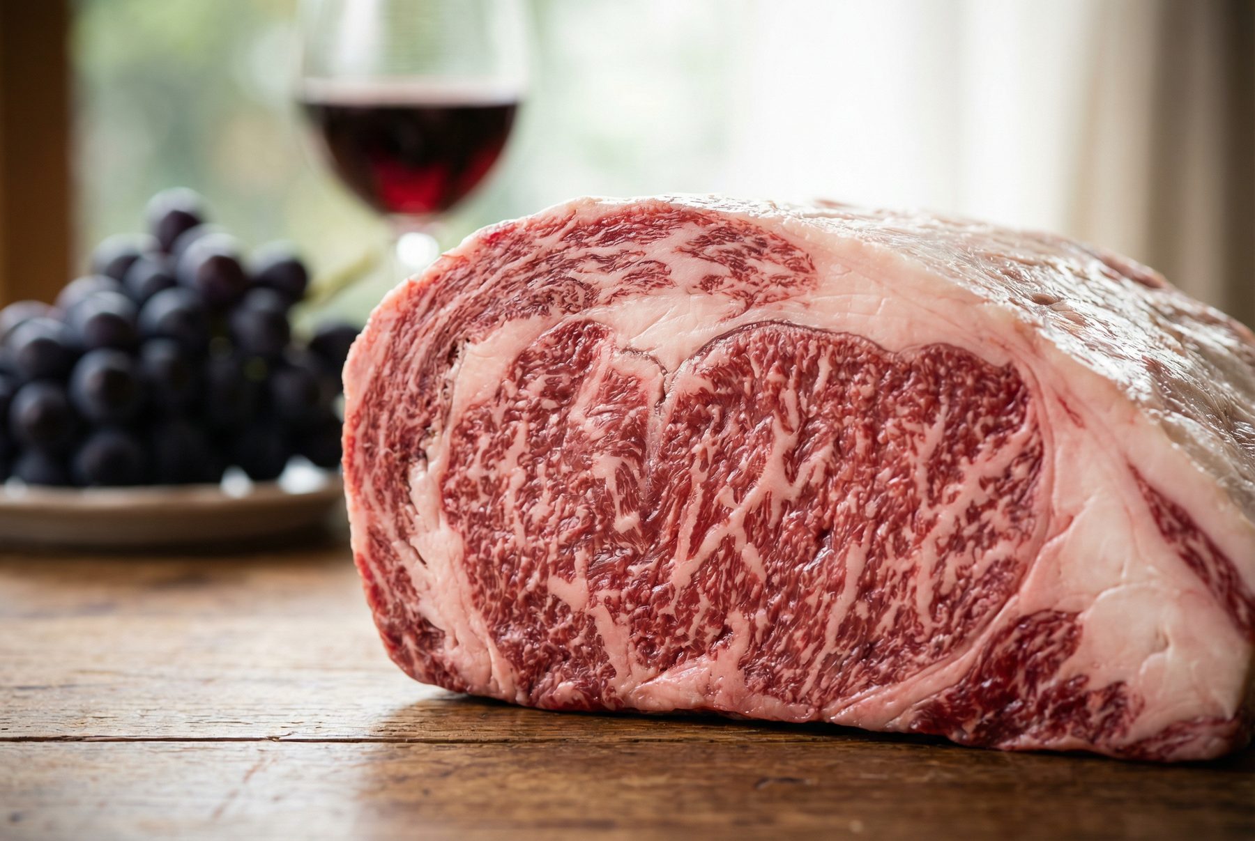 Marbled Koshu Wine Beef with grapes and wine