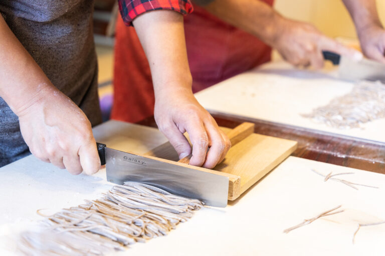 Cutting fresh soba noodles at FUJIYA Kawaguchiko