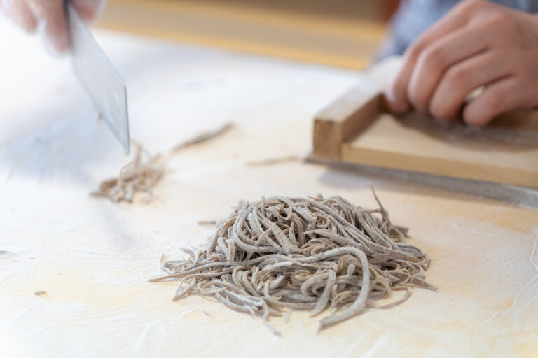 Freshly cut soba noodles ready to cook